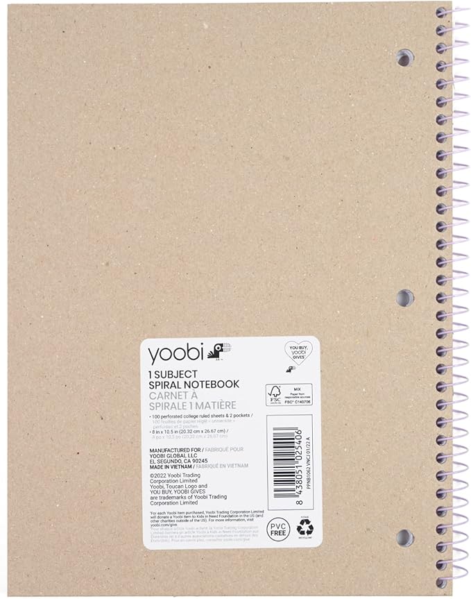 Yoobi Multicolor Gingham Spiral Notebook | 1 Subject Notebook College Ruled | 100 Perforated, 3-hole Punched Sheets | 2 Interior Pockets | PVC Free, FSC Certified Paper | For School, Office & College