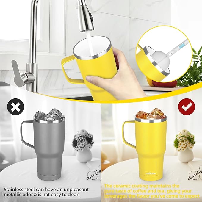 20 oz Insulated Coffee Mug with Ceramic Coating, Stainless Steel Travel Mug Tumbler with Handle Lid and Straw, Double Wall Leak-Proof Coffee Travel Mug Keeps Drink Hot and Cold (Yellow)