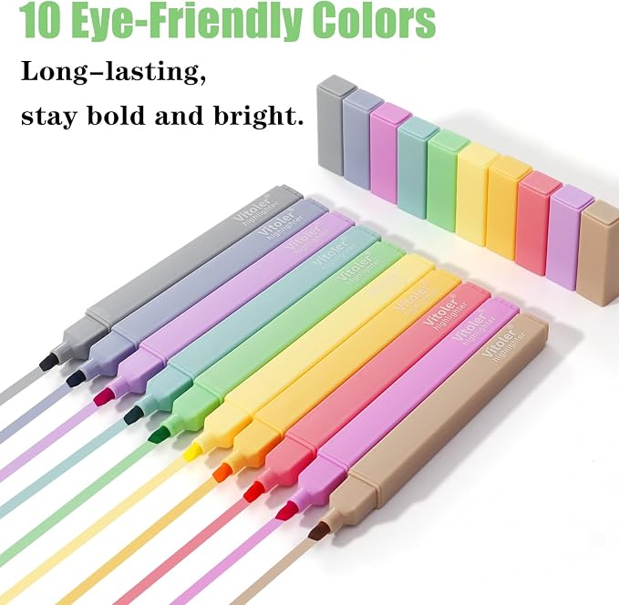 Piochoo Bible Highlighters, 10 Pack, Assorted Colors, Fast Dry, Pastel Highlighters No Bleed, Bible Journaling Highlighter Set, Colored Markers for School Supplies