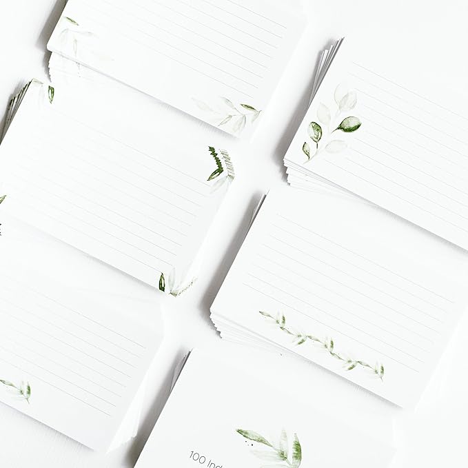 Green Leaf Index Cards by Pure Print and Design | Floral Flash Cards Perfect For Study Sessions & Learning | 100 Cards of Premium Quality with 5 Different Designs | Green Leaf | 3x5 inches