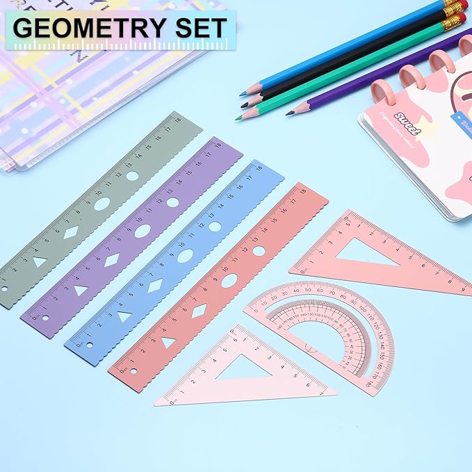PATIKIL Geometry Set, 2 Pack 6 Inch Aluminum Ruler & 4 Triangles, Metal Protractor Ruler Math Drafting Measuring Tool for Home Office Math Drawing Engineering Art,Gradient Pink