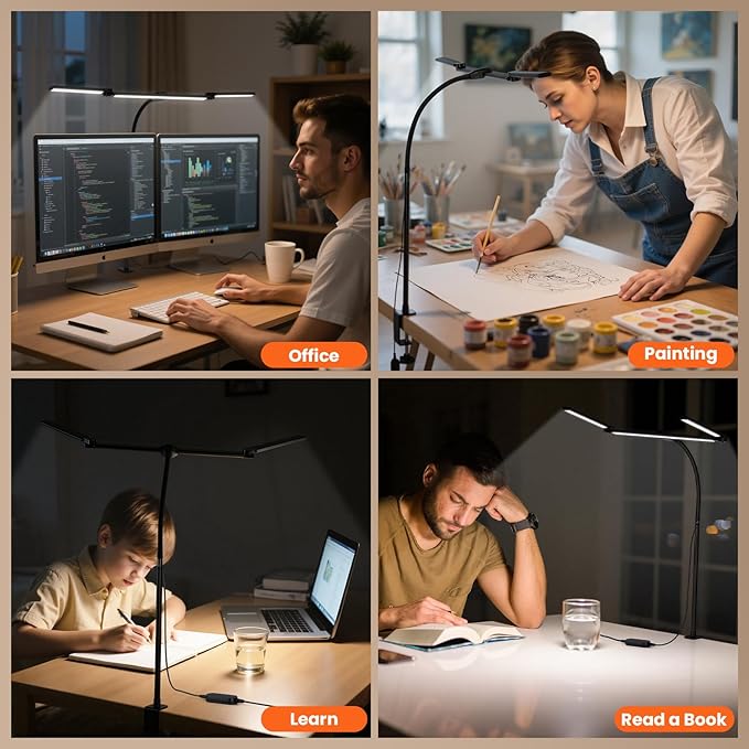LED Desk Lamp for Office Home, 3 Light Bar Adjustable Desk Light with Clamp, Architect Table Lamp Computer Monitor Lighting, Stepless Dimming Eye-Caring Clip on Light for Workbench Reading Study Black