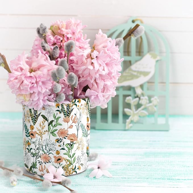 Large Capacity Colored Pen Holder for Desk, Ceramic Pencil Holder Pen Cup Marker Holder Makeup Brush Holders, Desk Accessories & Workspace Organizers for Home, Office, White Flower