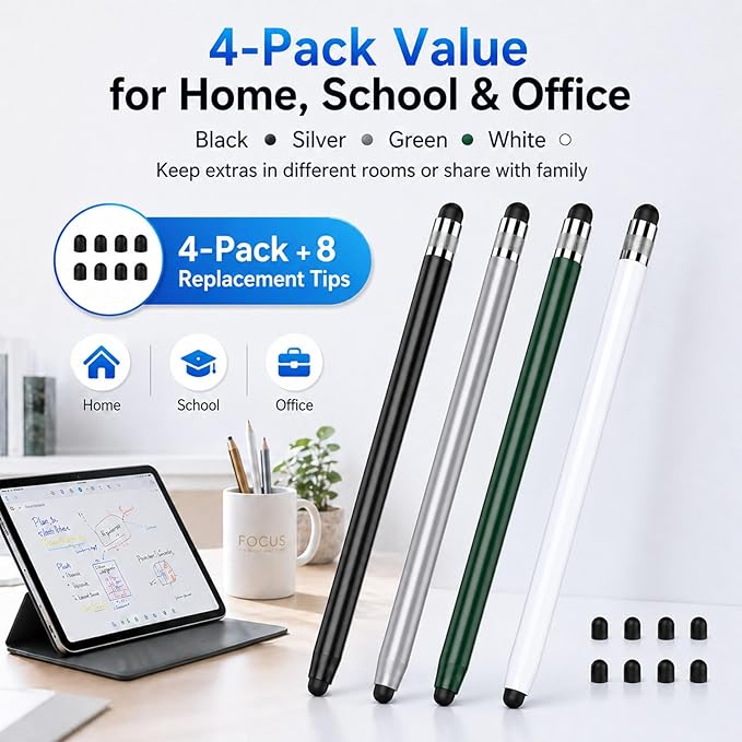 HATOKU 4 Packs Stylus Pen for Apple iPad & Touchscreen Devices (Black & White), Dual Tip Rubber, No Bluetooth/No Charging, High Sensitivity Capacitive Magnetic Pencil for iPad iPhone Android Tablets