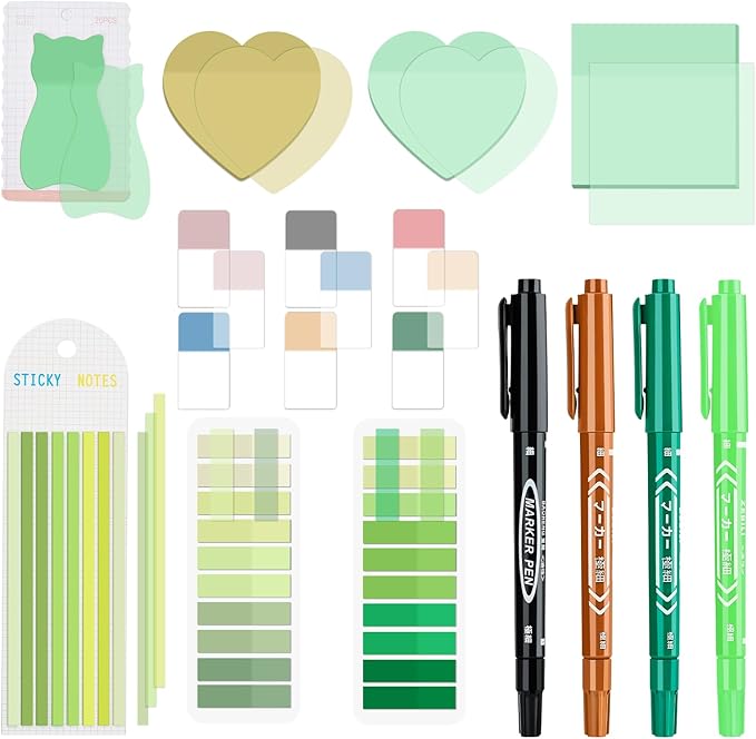 BAYTORY 850 Sheets Transparent Sticky Notes with Permanent Markers, Clear 3 x 3 inch Sticky Note to Post Book Annotation Kit, See Through Self-Adhesive Index Tabs for Bible Journaling (Green)