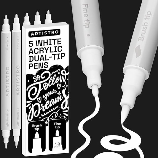 ARTISTRO 5 White Acrylic Paint Markers - Paint Pens for Drawing, Brush + Fine Tips - For Fabric, Rock, Glass, Wood, DIY - Art & Craft Supplies for Adults, Teens, Kids - Teacher Appreciation Gift