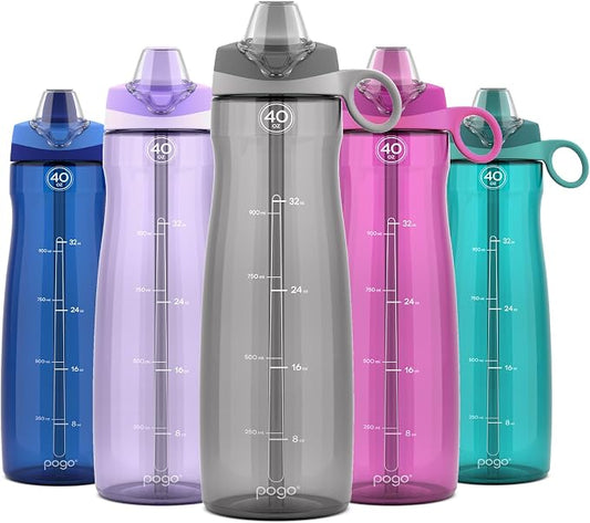 Pogo Plastic Water Bottle with Chug Lid and Carry Handle, Reusable, BPA Free, Dishwasher Safe, Perfect for Travel, School, Outdoors, and Gym, 18oz 32oz 40oz 64oz