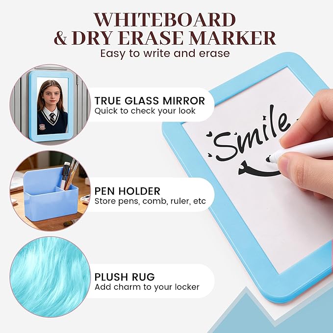 Elfcool 13 Pcs Locker Accessories Kit, Locker Decorations for Girls Boys Magnetic Pen Holder, Mirror, Whiteboard, Wallpaper, Magnets, Plush Rug, String Light, Back to School Essentials (Blue)