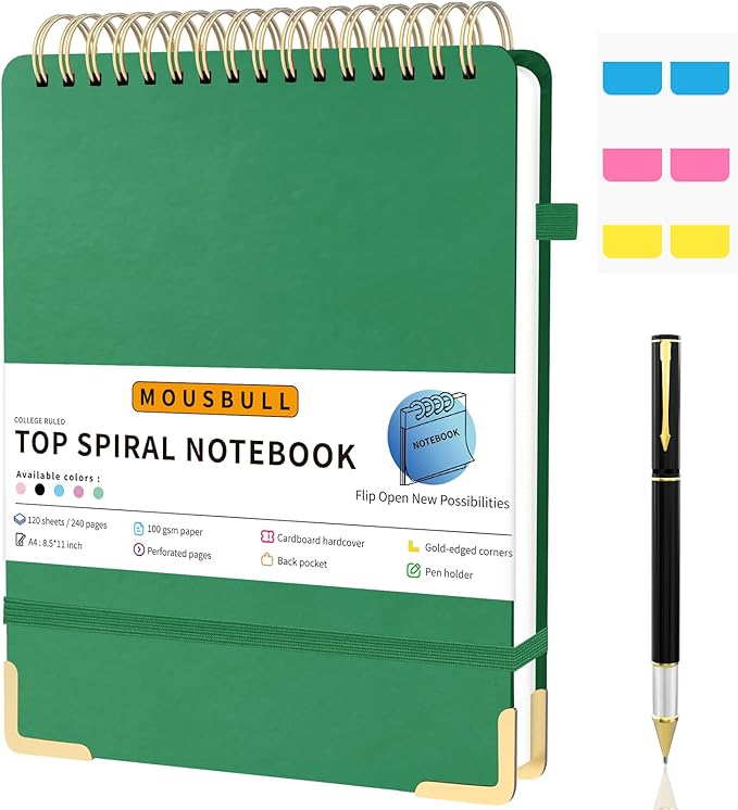 Top Spiral Notebook, A4 Hardcover Top Bound Steno Pads, 240 Pages 100gsm College Ruled Left Handed Notebook Journal for Work, School, Meeting Writing - Green, 8.5" x 11"