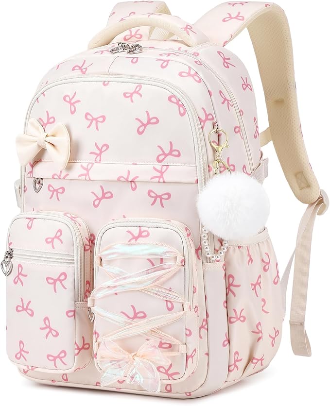 MOONBABY Kids Backpack for Girls, Fits 15.6 Inch Laptop Large Capacity School Bookbag, Girls Backpack with Lovely Pendant, Back to School Bag for Elementary Primary Students Teen Ages 6-12, Beige