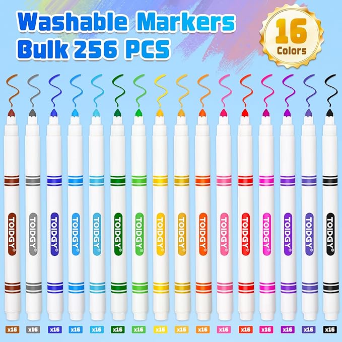 Toidgy 256 PCS Washable Markers for Kids, Colored Markers Bulk for School, Thin Marker Set in 16 Assorting Colors, Fine Line Marker with Conical Tip, Back to School Supplies, Classroom Must Haves
