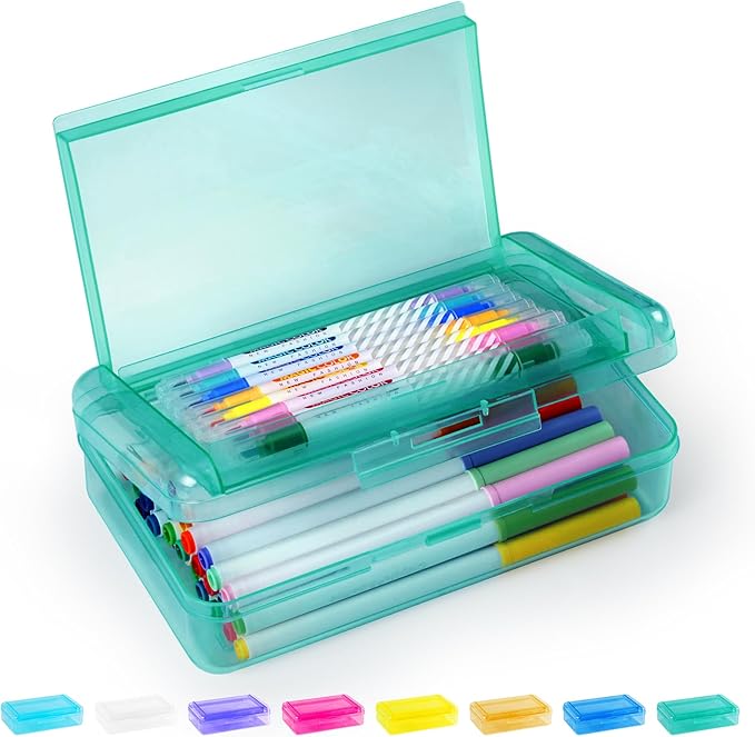 Sooez Double Layer Pencil Box, Large Hard Pencil Case Organizer, Clear Plastic Crayon Box for Girls and Boys, Colored Marker Organizer, Small Plastic Containers/Bins with Lids, Art Supply Storage
