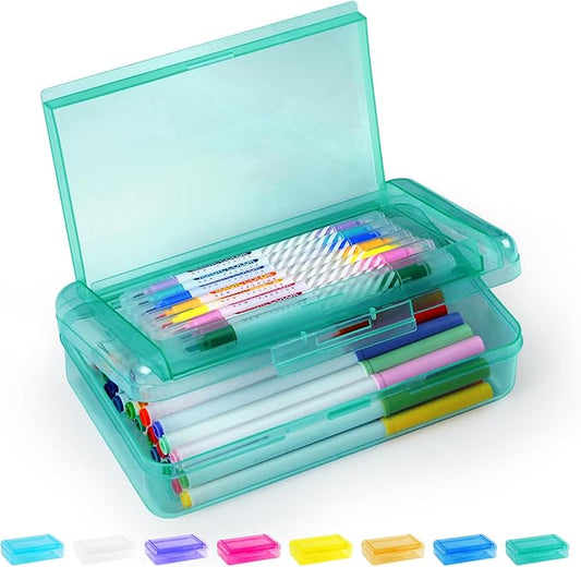 Sooez Double Layer Pencil Box, Large Hard Pencil Case Organizer, Clear Plastic Crayon Box for Girls and Boys, Colored Marker Organizer, Small Plastic Containers/Bins with Lids, Art Supply Storage
