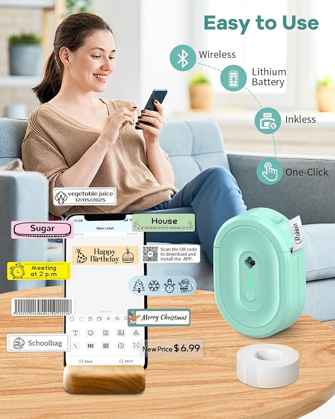 N12 Label Maker Machine with 1 Tape Bluetooth Label Printer, Green | Portable Mini Thermal Sticker Printer with Multiple Templates, Labeling Machine for Home/Kitchen/School/Office Organization