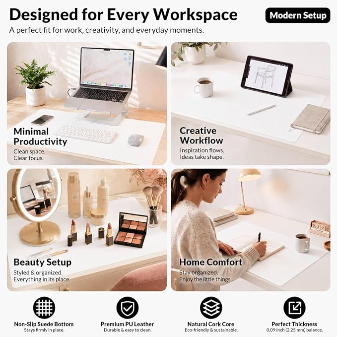 AFIING Cork Desk Mat 35.4" x 17", Dual-Sided Natural Cork & PU Leather Desk Pad, Non-Slip Waterproof Large Mouse Pad for Office, Home & Gaming, White