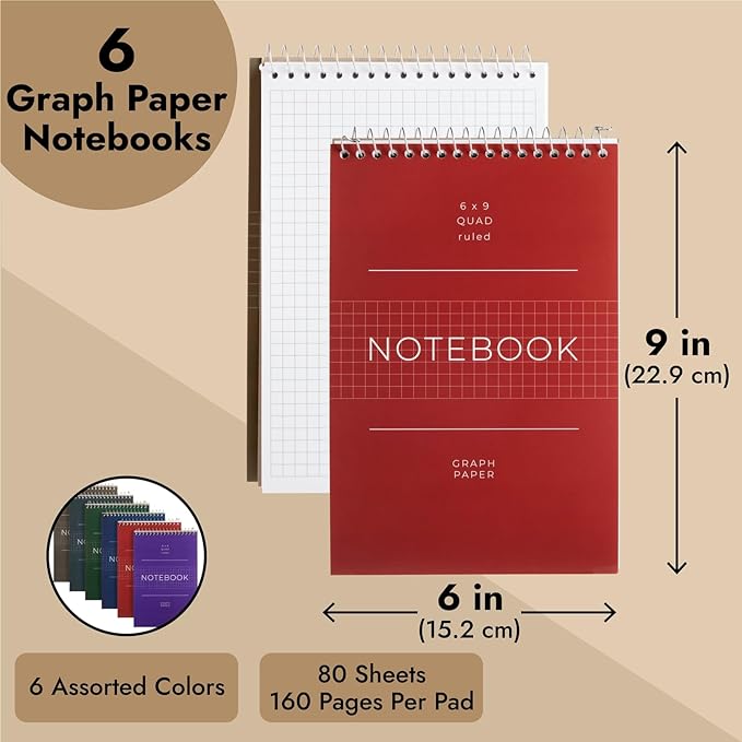 Juvale 6 Pack Quad Ruled 6x9 Inch Top Bound Spiral Graph Paper Notebook - 80 Sheets / 160 Writable Page Steno Notepads for Writing, Sketching, Drawing, School Supplies (6 Colors)