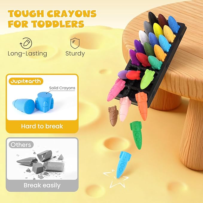 JUPITEARTH 24 Colors Crayons for Toddlers, Non-Toxic Washable Rocket Crayons, Easy-to-Hold Coloring Gifts & Mess-Free Art Supplies for Little Hands
