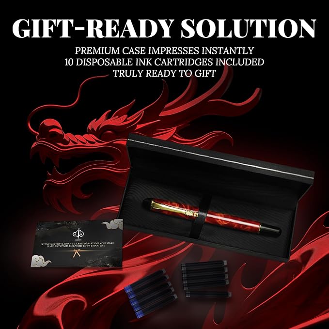 YUNCHUN Red Dragon Fountain Pen for Writing, Refillable Luxury Metal Pens, Fancy Ink Pen with 10 Black and 10 Blue Ink Refills, Gift Sets for Men and Women, Business Writing Pen with Marble Grain