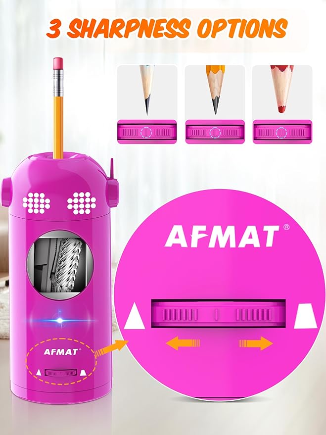 AFMAT Electric Pencil Sharpener Fully Automatic, Colored Pencil Sharpeners for 7-11.5mm Pencils, Rechargeable Hands-Free Robot Sharpener for Classroom, Home, Office, Battery Operated, PSX5EW, Pink
