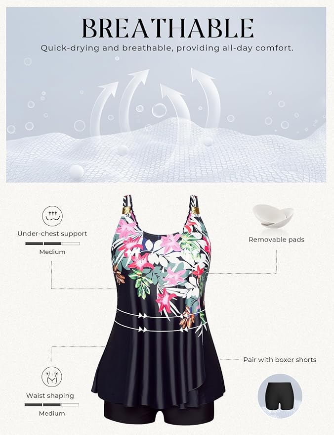 Hanna Nikole Womens Tankini Swimsuits 2 Piece Bathing Suit Flowy Ruffle Tankini Tops with Swim Shorts