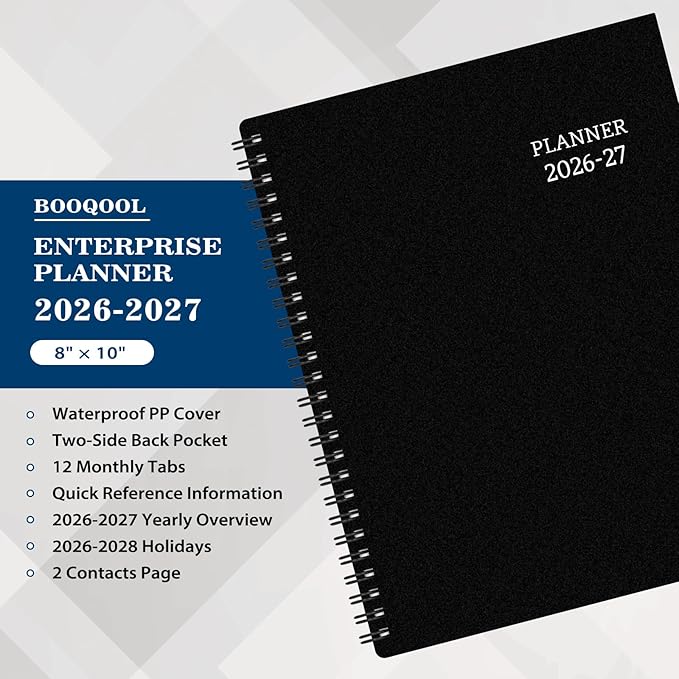 BooQool Planner 2026-2027 for Office, School, Home - Spiral Bound Academic Monthly Weekly Calendar July 2026 - June 2027 Organizer with To Do List, Tabs & PP Cover 8" x 10"