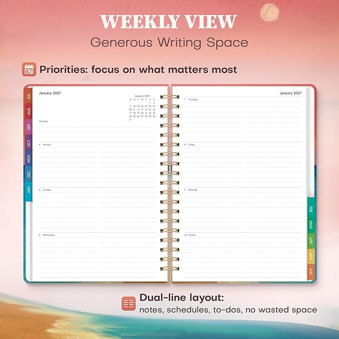 Planner 2026-2027 Monthly and Weekly Academic Planner July 2026 - June 2027, Hardcover Calendar 2026-2027 Agenda Daily Planner for Student Teacher School Office Supplies, 7.4" x 10.2", Sea Sunset
