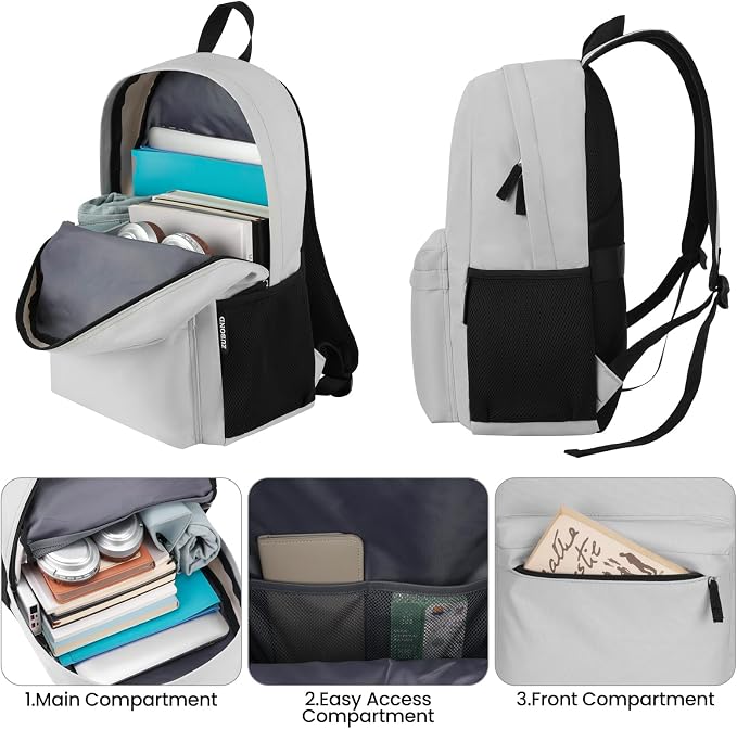 ZUBOND Unisex Grey Backpack for School & Travel - Lightweight Laptop Backpack Fits 15.6 Inch Notebook, Water Bottle Pocket - Ideal for Teens, College Students, Adults