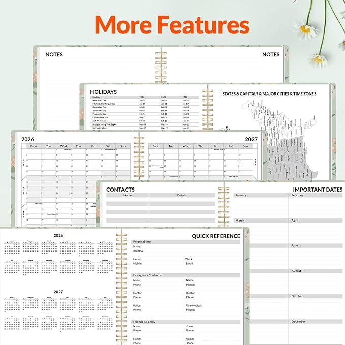 SUNEE Academic Planner 2026-2027 – Weekly & Monthly Planner, July 2026 to June 2027, 8.5"x11", Thick Paper, Tabs, Pockets, Bookmark, Spiral-Bound, Student Teacher Organizer, Green Wildflowers