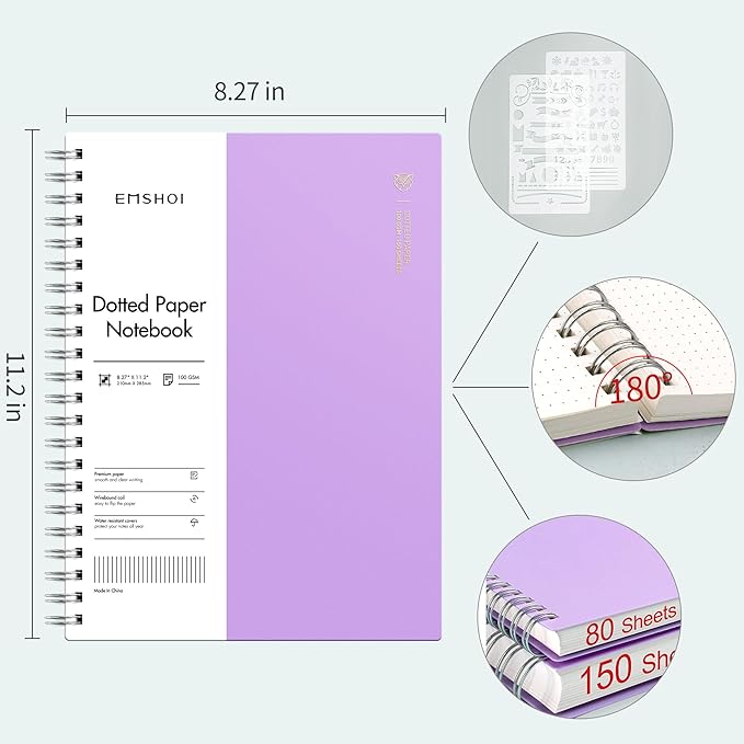 EMSHOI Dotted Journal Spiral Notebook, 300 Pages, A4 Large 8.27"x11.2", 100 GSM Thick Paper, Flexible Plastic Cover, 5mm Dot Grid Notebook for Journaling, Planning, Drawing, Writing, Purple