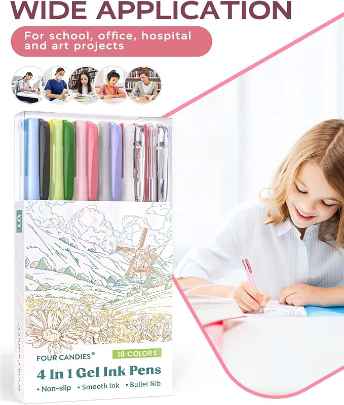 Four Candies Multicolor Pen, 4-in-1 Gel Ink Pens, 6 Pack, 18 Colors, 0.5mm | Retractable Multi Color Pens Fast Dry, Gift Pens for Planner Journaling,Back to School Supplies & Nurse Accessories for Work
