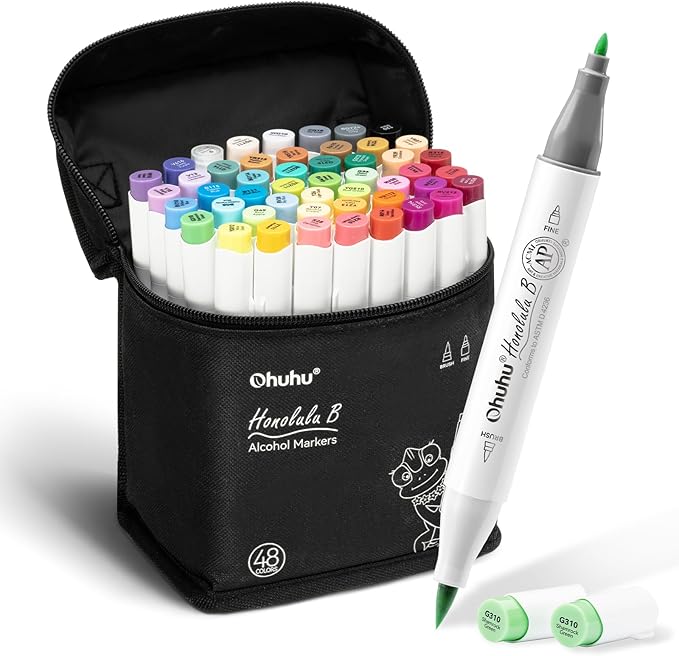 Ohuhu Alcohol Markers Brush and Fine Tip - 48-Color Alcohol-based Art Sketch Marker Set for Artist Adults Coloring Illustration - Brush and Fine Dual Tips- Honolulu B - Refillable - AP Certificated