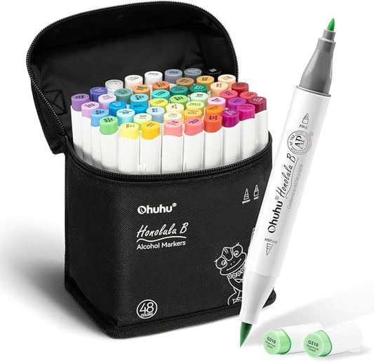 Ohuhu Alcohol Markers Brush and Fine Tip - 48-Color Alcohol-based Art Sketch Marker Set for Artist Adults Coloring Illustration - Brush and Fine Dual Tips- Honolulu B - Refillable - AP Certificated