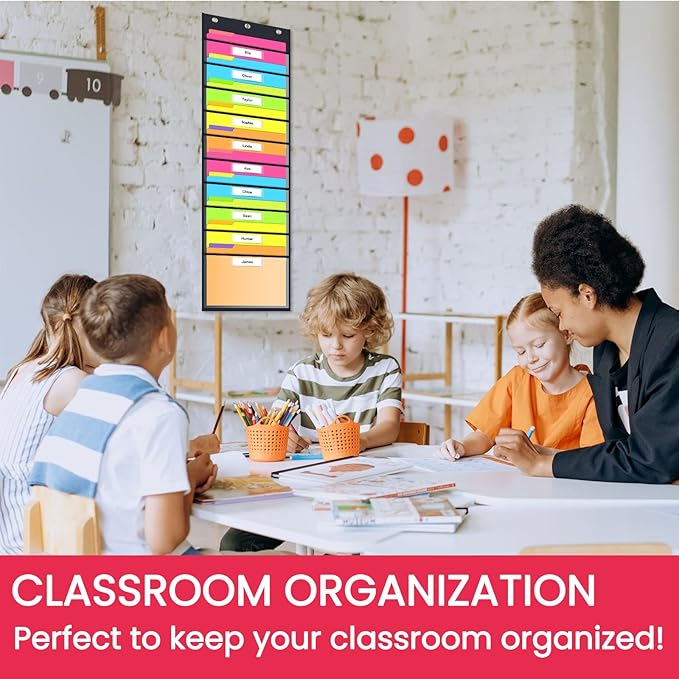 Clear Storage Pocket Chart for Classroom & Office with 10 Nametag Pockets, 3 Overdoor Hangers Included, Hanging Wall File Organizer for File Folders, Assignments, Files, Scrapbook Papers & More