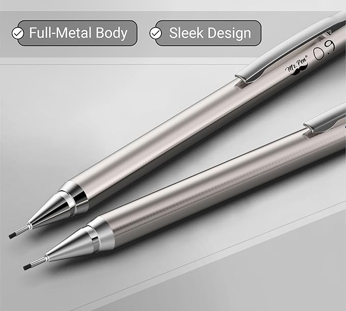 Mr. Pen- Metal Mechanical Pencil Set with Lead Refills & Erasers, 2 Pack, 0.9mm, 4x Tubes 2B Lead Refill, 4x Eraser Refills for School Supplies, Note Taking, Drawing, Sketching, Office