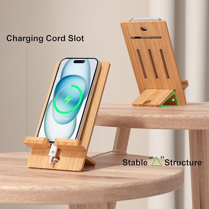 Pezin & Hulin Wooden Bamboo Cell Phone Stand, Wood Charging Dock Holder, Portable Desktop Phone Rack, Compatible with Mobile Phone and Tablet -Slim Version