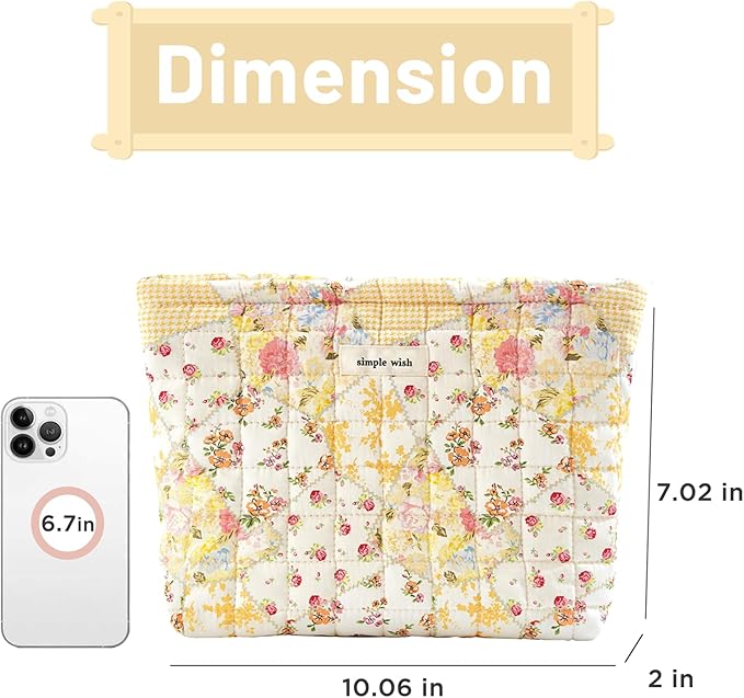 Sminra Floral Makeup Bag Large Cotton Quilted Cosmetic Makeup Bag Organizer, Aesthetic Portable Pouch Purse Toiletry Bag for Women Girls Travel accessories (Beige Floral-L)