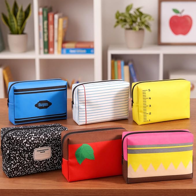 Kacctyen 6 Pack Back to School Teacher Gifts Bulk Teacher Pencil Pouch Makeup Bags Survival Kit Notebook Apple Crayon Pencil Designs Cosmetic Bags Pouch for First Day of School Stationery Party Favors
