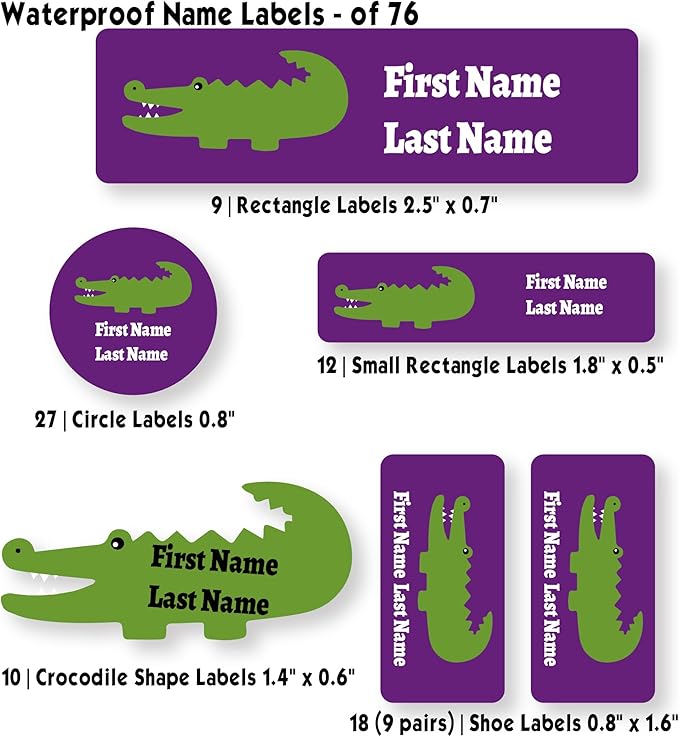Personalized Kids Name Labels – Waterproof Custom Stickers for Daycare & School, Dishwasher & Laundry Safe (Crocodile - Purple)