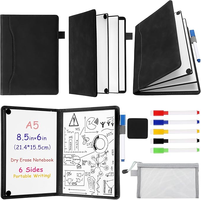 Feifeiya 6 Sides Dry Erase Notebook Portable White Board 9"x6"(a5) Travel Dry Erase White Board Notebook Foldable Anti-ghosting Surface for Office, School, Study, Travel & Business Meeting Planning