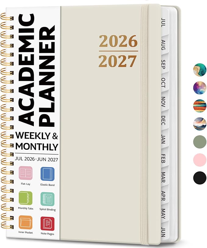 Academic Planner 2026-2027, Weekly and Monthly Calendar Planner Book, July 2026 – June 2027, Hardcover Organizer with Tabs, Perfect for Teachers, Students, Women & Men, A5 (6.4" x 8.5") - Beige
