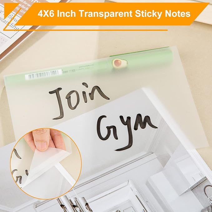 4x6 Inch Transparent Sticky Notes, 200 Sheets Large Translucent Self-Adhesive Clear See Through Post Big Size Sticky Notes for Office Woman School Classroom Teacher College Supplies White Color