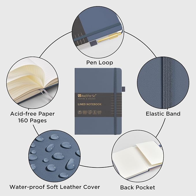 &And Per Se Lined Journal and Pen Set (3 Packs), A5 Leather Hardcover Notebook with Pen & Stationary Set, 160 Pages 100GSM Thick Ruled Paper Journal for Business Work Writing (Dark Blue)