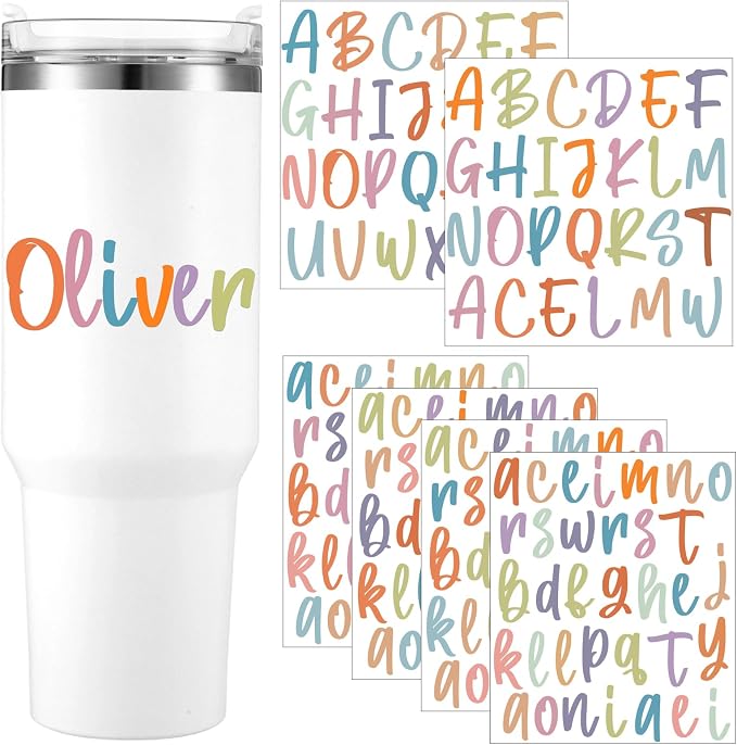 UV DTF Cup Wrap Letter Stickers Vinyl Decals,Morandi,6 Sheets | Personalized Name Stickers for Water Bottles Tumblers, Waterproof UV DTF Alphabet A-Z Stickers for 14-46oz Mugs DIY Craft