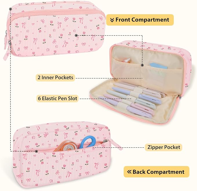 FINPAC Pencil Case, Corduroy Triangle Makeup Bag, Kawaii Pen Bag Pouch Holder Box Organize for Study, Office, or Travel (Pink Rose Bow 2)