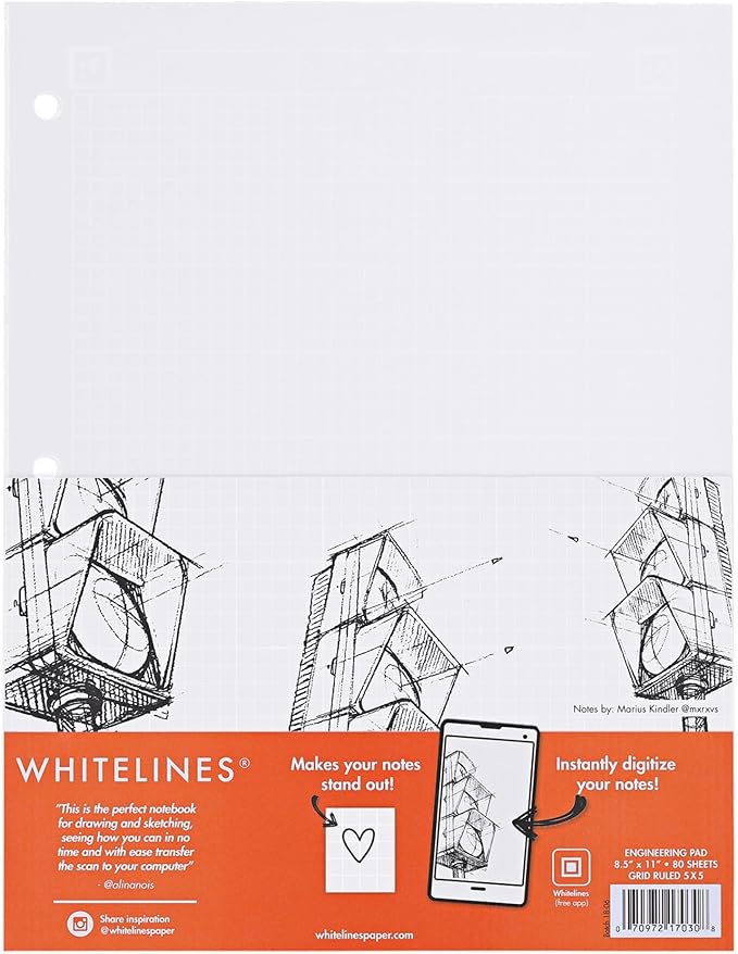 ROARING SPRING Whitelines Engineering Pad, Digitally Download Your Notes with FREE App, Premium Gray Paper, 8.5" x 11" 80 Sheets