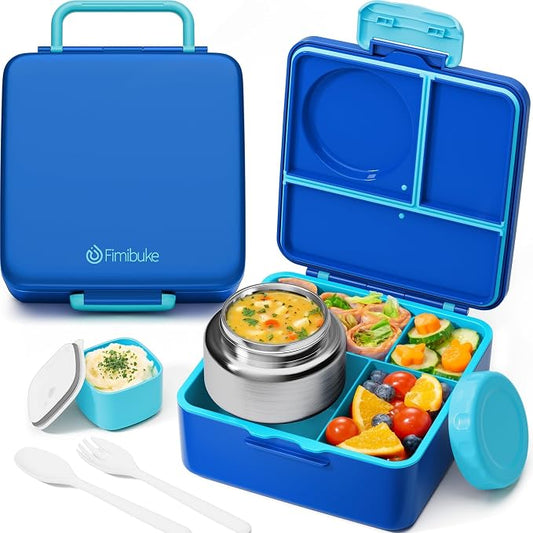 Fimibuke 60oz Leakproof Bento Lunch Box for Kids with 8.5oz Thermo Food Jar | 3-4 Compartment Toddler Lunch Box kids Food Container with Utensil Sauce Cup for School Boys Girls, Dishwasher Safe, BPA-Free