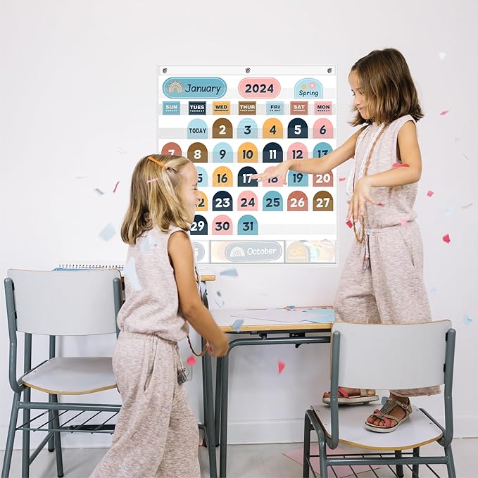 Classroom Calendar Pocket Chart No Cards - White Monthly Pocket Chart for Kid Learning for Home Teacher&School supplies and Classroom Décor, Preschool Kindergarten Classroom Must Haves