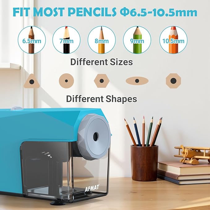AFMAT Electric Pencil Sharpener, Fast & Hands-Free, 10K+ Uses, 5 Nibs, Fully Automatic Pencil Sharpener for Classroom, Heavy Duty Sharpeners for No.2/Jumbo/Colored Pencils (φ6.5-10.5mm) US Plug(120V)