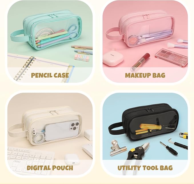 SUNEE Large Capacity Pencil Case with 3 Compartment, Extra Big Pencil Pouch, Pencil Bag with Clear Window, Pen Case School Supplies for Teens Adults Girls Boys,Beige