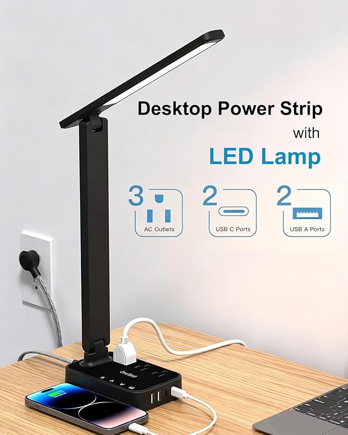 One Beat Small LED Desk Lamp Power Strip 5ft Extension Cord with 3 Outlets 4 USB Ports(2 USB C), 4 Modes, 5 Level Touch Lamp Study Reading Light, Home Office Bedroom College Dorm Room Essentials,Black